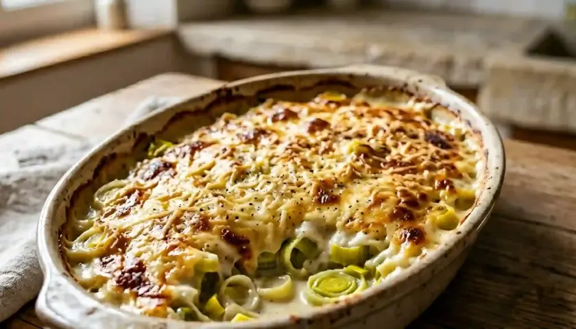 Un gratin poireaux béchamel doré et gratiné, prêt à être dégusté. Les poireaux fondants se marient à la perfection avec la sauce onctueuse.