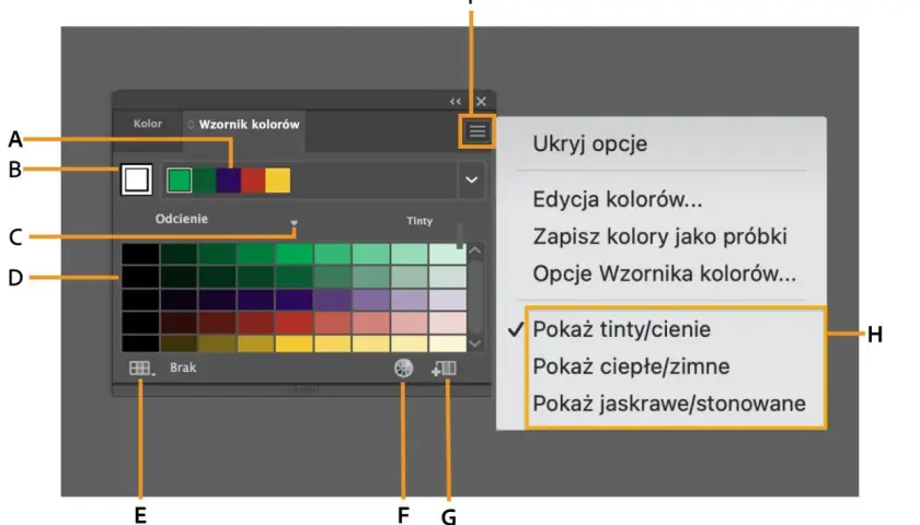Panel "Wzornik kolorów" w Adobe, z paletą barw i opcjami wyświetlania odcieni.