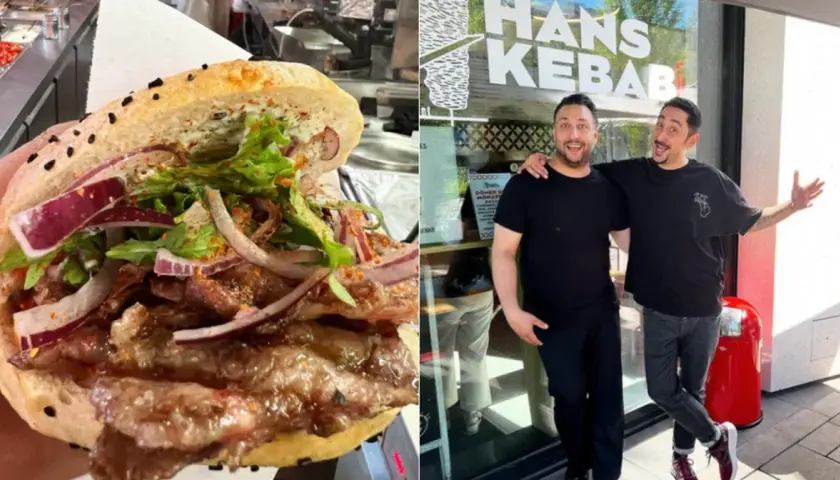Pyszny kebab z wołowiną, warzywami i sosem, który może być najdroższym kebabem w Polsce. Dwóch mężczyzn pozuje przed lokalem "Hans Kebab".