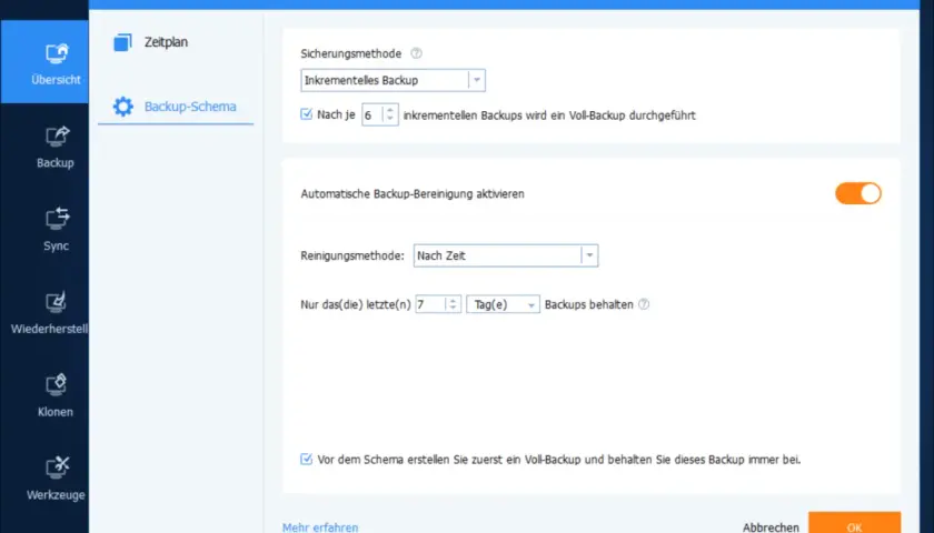 AOMEI Backupper Professional: Zeitplan-Einstellungen für inkrementelle Backups und automatische Bereinigung.