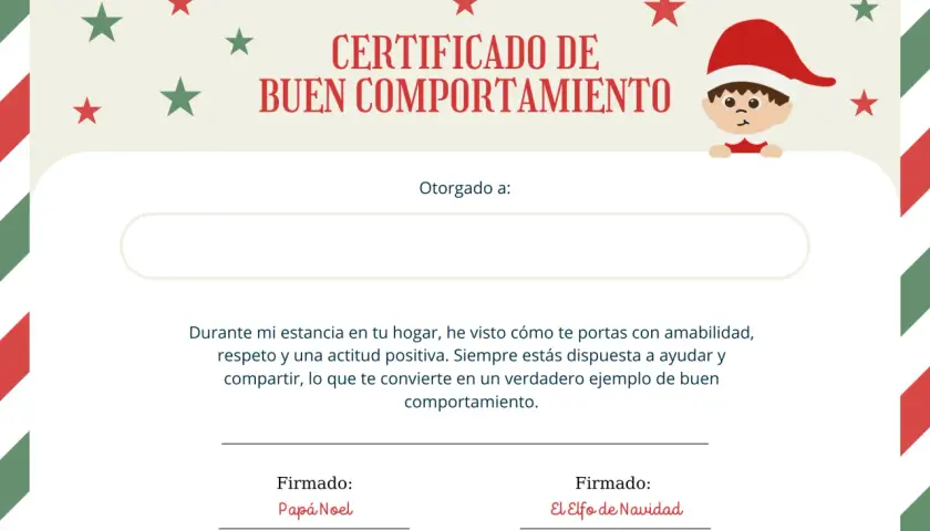 Certificado de buen comportamiento otorgado por Papá Noel y un elfo. Es como una carta de despedida de los elfos, reconociendo tu amabilidad y actitud positiva.