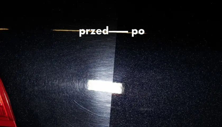 Przed i po renowacji lakieru samochodowego. Widoczne zarysowania po lewej stronie, idealna głębia koloru po prawej.