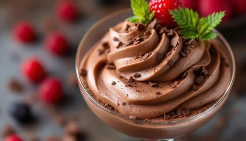 Une coupe de mousse au chocolat onctueuse, garnie de copeaux de chocolat, d'une framboise et de menthe. Parfait pour une recette mousse au chocolat onctueuse.
