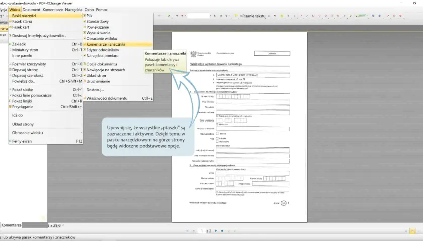 Menu "Widok" w programie PDF-XChange Viewer, gdzie można aktywować pasek narzędziowy, jak zręczny **akrobat** dostosowuje się do potrzeb użytkownika.