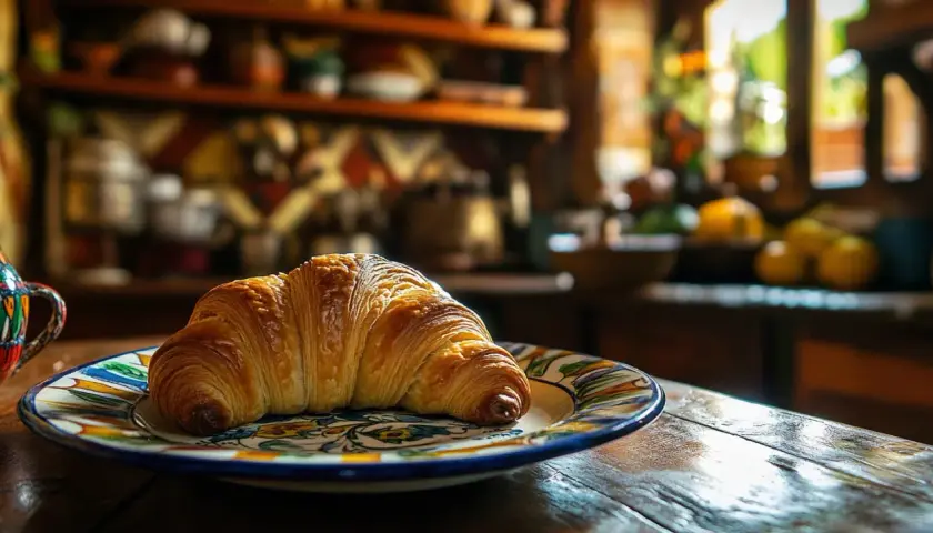 Croissant dorado sobre plato decorado. Los ingredientes de croissant, como la mantequilla y la harina, se transforman en esta delicia.