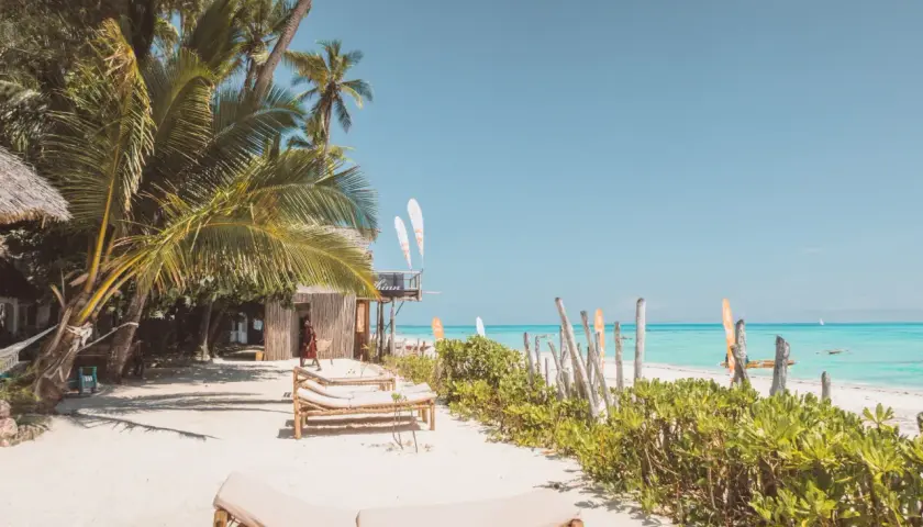 Plaża na Zanzibarze z palmami, leżakami i turkusową wodą.