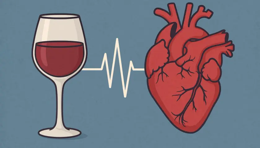 Kieliszek czerwonego wina połączony linią EKG z sercem. Czy alkohol podnosi ciśnienie?