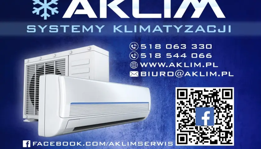 Reklama firmy AKLIM: systemy klimatyzacji, dane kontaktowe, QR kod, Facebook.