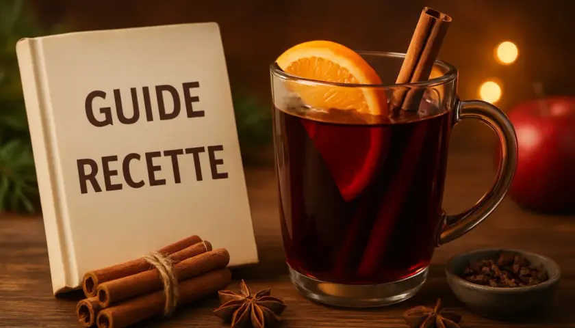 Un verre de vin chaud aux épices, avec un livre "Guide Recette". Quel vin pour un vin chaud ? Un vin rouge fruité et peu tannique est idéal.