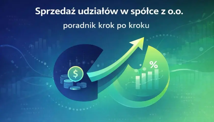 Sprzedaż udziałów w spółce z o.o. - poradnik. Grafika pokazuje rosnący wykres, symbol dolara i procent, sugerując zyskowną transakcję.