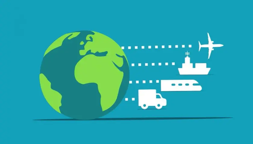 Globus z zielonymi kontynentami, obok samolot, statek, pociąg i ciężarówka symbolizujące globalne problemy logistyczne.