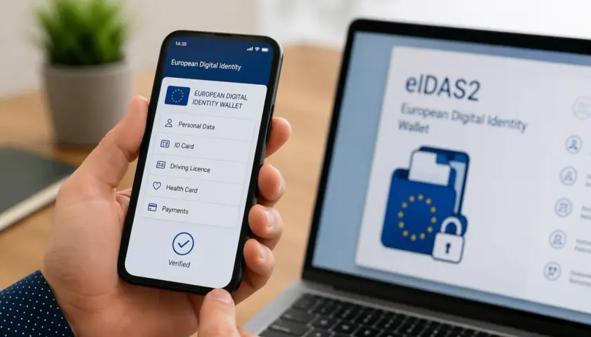 Mano sostiene smartphone con app "European Digital Identity Wallet" eIDAS. Laptop muestra el logo eIDAS2.