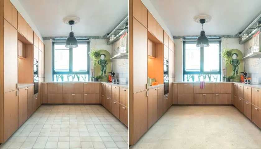 Cucina moderna con mobili in legno chiaro e pavimenti che ricordano i pavimenti anni 2000, con un tocco di design contemporaneo.