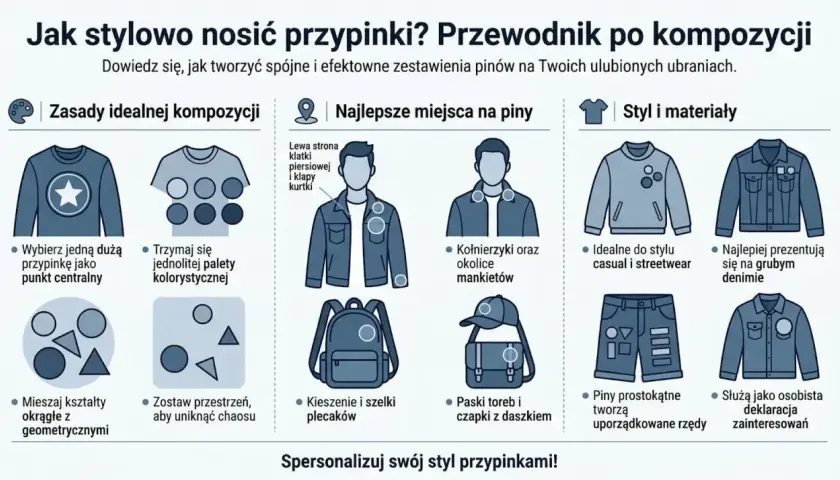 Przewodnik po kompozycji przypinek: zasady, miejsca, style. Wybierz dużą przypinkę jako punkt centralny, mieszaj kształty, by stworzyć spójny styl.