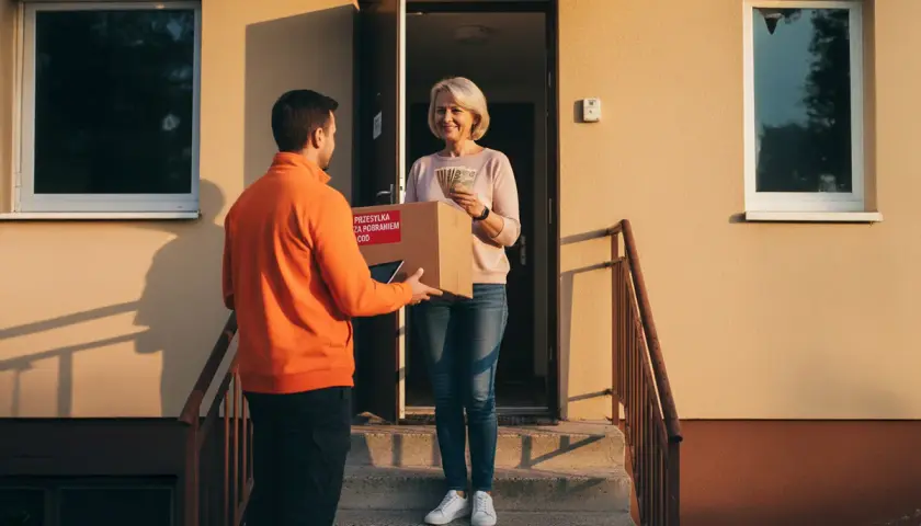 Kurier wręcza paczkę z napisem "Przesyłka za pobraniem COD" uśmiechniętej kobiecie, która trzyma pieniądze.