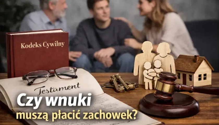 Testament i Kodeks Cywilny na stole. Rodzina w tle. Czy wnuki muszą płacić zachowek?