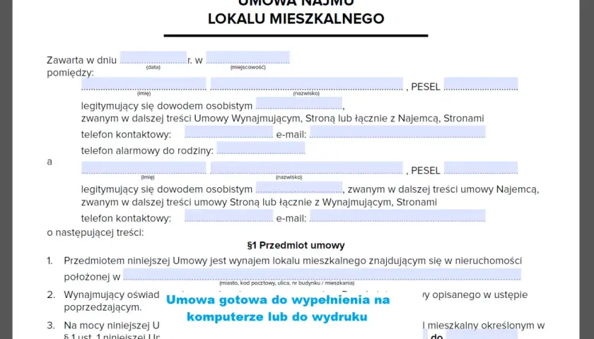 Najprostsza umowa najmu lokalu mieszkalnego do wypełnienia online lub do wydruku. Dokument zawiera pola na dane stron, PESEL, adres nieruchomości i warunki najmu.