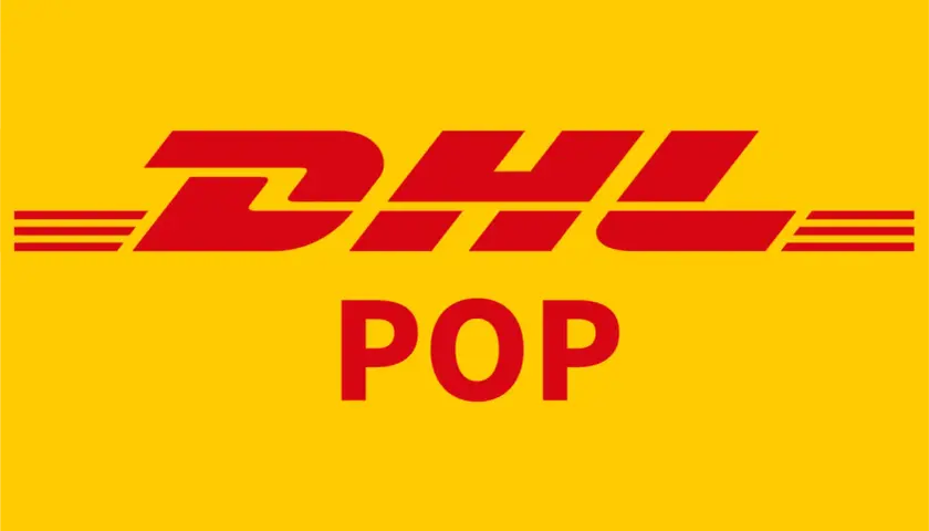 Logo DHL z napisem POP. Szybka dostawa z DHL pobranie.