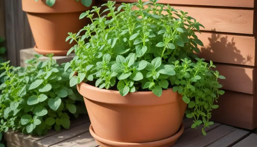 Frodig oregano i terrakottakruka, perfekt för dig som vill odla oregano och njuta av färska örter.
