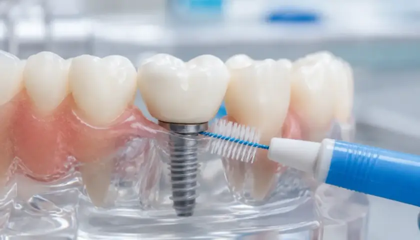 Modello dentale con impianto e spazzolino interdentale. Dopo la pulizia dei denti si può mangiare senza pensieri.