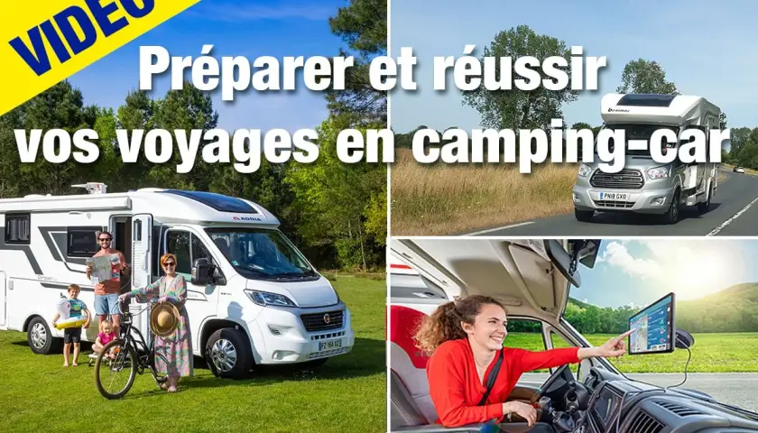 Une famille prépare son voyage en camping-car, un autre camping-car roule sur la route, et une femme utilise un GPS dans son véhicule.