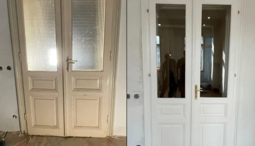 Prima e dopo: porte interne verniciate di bianco, con vetri trasparenti che riflettono la stanza.