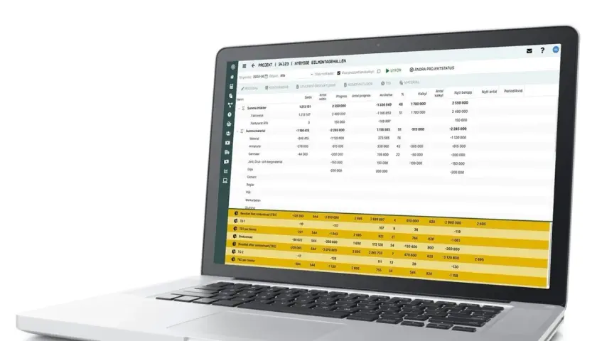 En bärbar dator visar en tabell med projektdata. Det ser ut som en del av ett system för att skriva bok bidrag.