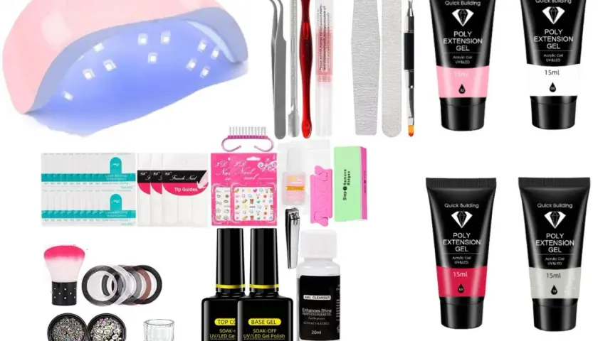 Allt för att köpa gellack: UV-lampa, polygel, nagelfilar, dekorationer och tillbehör för en komplett manikyr.