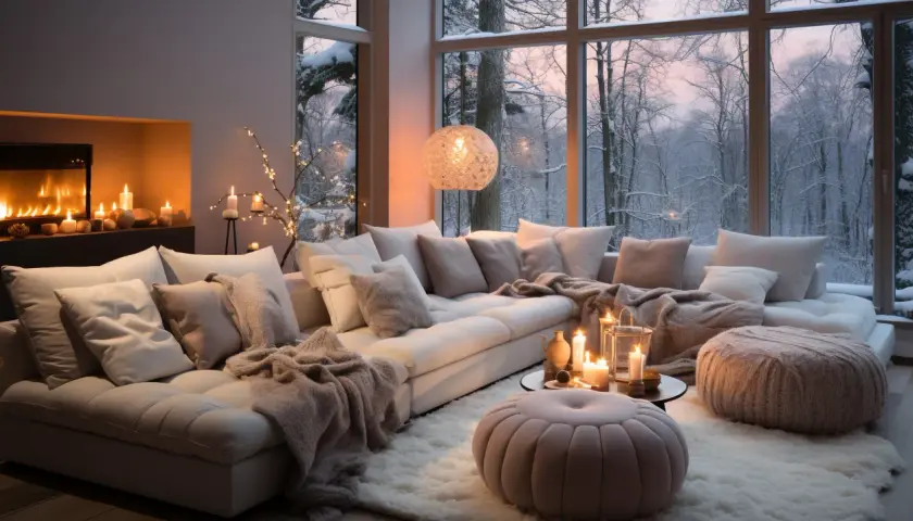 Przytulny salon w stylu cottagecore, z kominkiem, miękką kanapą i widokiem na zimowy las.