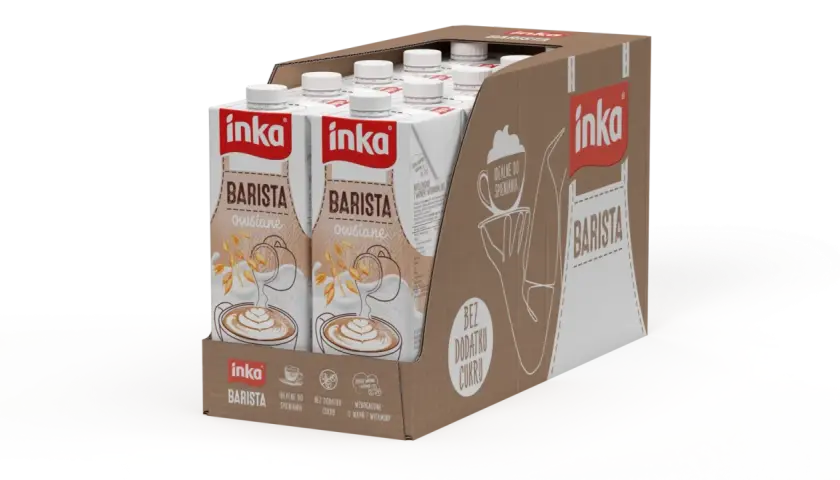 Kartony z mlekiem owsianym Inka Barista, idealne do spieniania, bez dodatku cukru.