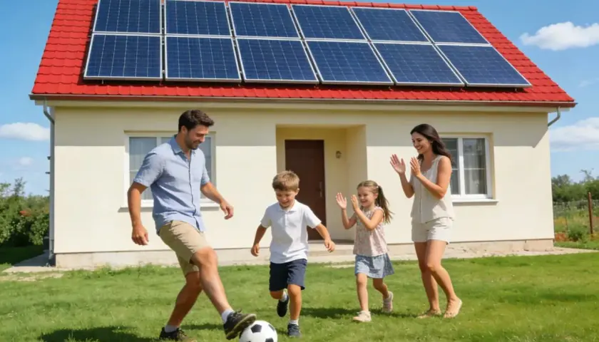 Rodzina gra w piłkę na trawniku przed domem z instalacją fotowoltaiczną 3 kW. Cena z montażem tej ekologicznej energii jest przystępna.