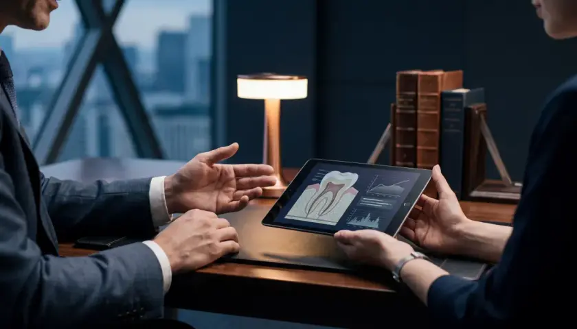 Analisi delle cause dei denti sensibili su un tablet, con un dentista che spiega a un paziente.