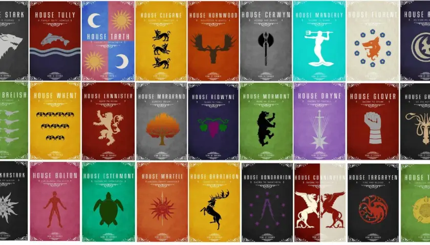 Affichettes des maisons de Game of Thrones : Loup, poisson, soleil, lion, cerf, etc. Chaque maison a son emblème et sa devise.