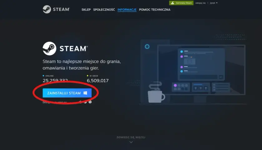 Przycisk "Zainstaluj Steam" na stronie głównej platformy, który pomoże Ci rozpocząć proces jak zainstalować Steam.