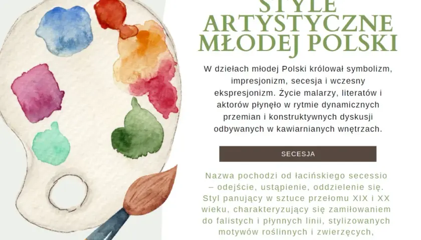 Paleta malarska z kolorami i pędzlem, symbolizująca sztukę młodej Polski.