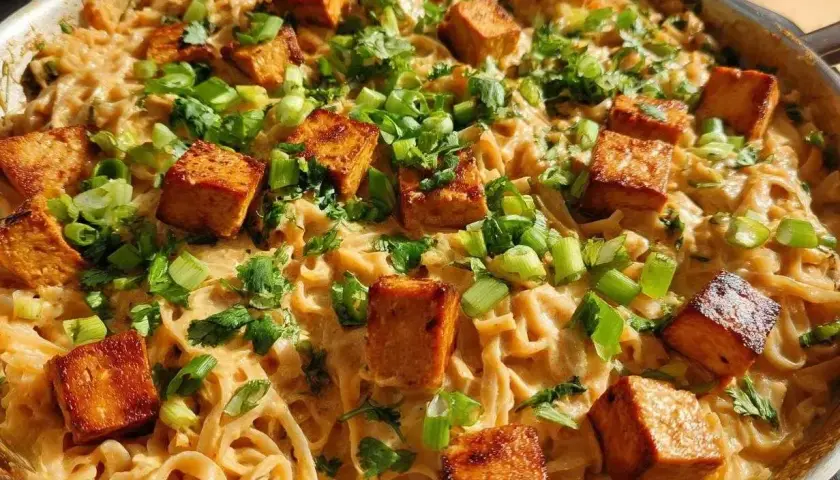 Pyszny makaron z tofu w kremowym sosie, posypany szczypiorkiem i kolendrą. Idealny dla wegan.