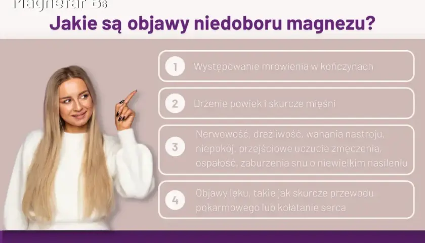 Kobieta wskazuje na objawy niedoboru magnezu: mrowienie, drżenie powiek, nerwowość, lęk.