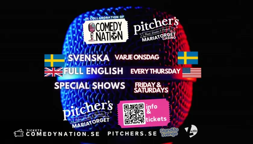 En brittisk stand up komiker kan du se på Comedy Nation & Pitcher's. Svenska onsdagar, engelska torsdagar, fredagar & lördagar.