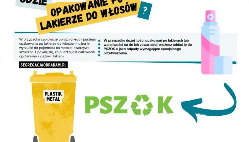 Puste puszki po lakierach do włosów wyrzucaj do pojemnika na metale i tworzywa. Duże ilości lub wątpliwości co do zawartości oddaj do PSZOK-u.