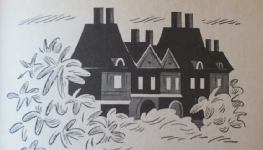 En illustration av ett mörkt hus med skorstenar, omgivet av buskar. Kanske ett hemligt gömställe för Agaton Sax.