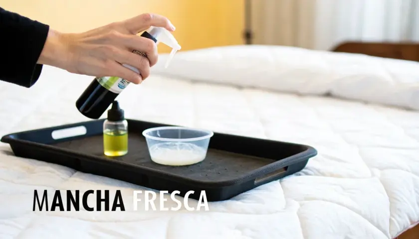 Mano rociando limpiador sobre una bandeja con líquidos, parte de un tutorial sobre como limpiar un colchon.