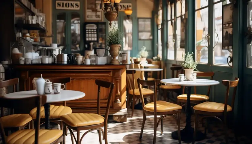 Przytulne bistro z drewnianym blatem, żółtymi krzesłami i stolikami. Słońce wpada przez okna, tworząc ciepłą atmosferę.