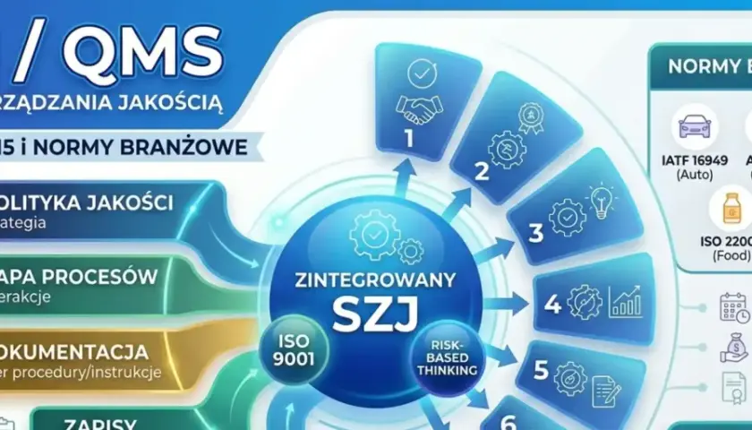 Schemat zintegrowanego SZJ (SCM system) z elementami polityki, mapy procesów, dokumentacji i norm branżowych.