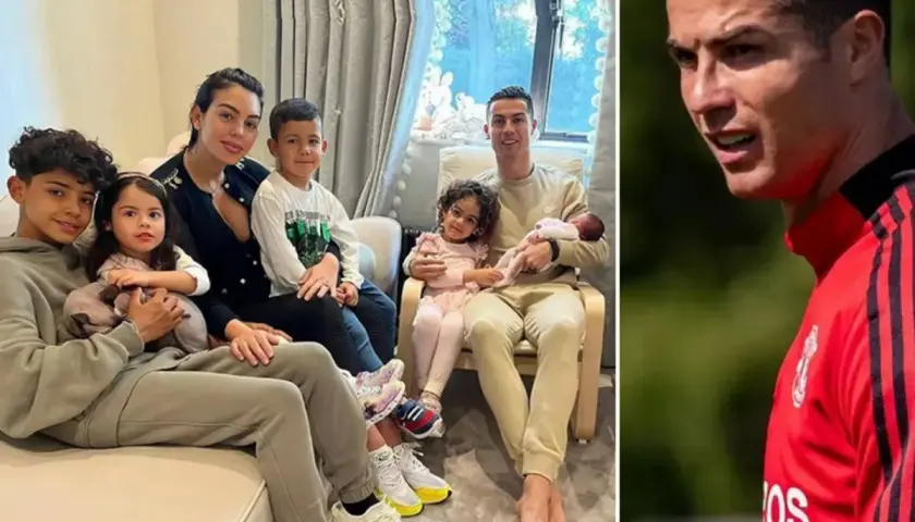 Cristiano Ronaldo z rodziną. Na zdjęciu jego partnerka Georgina Rodriguez i pięcioro dzieci: Cristiano Jr., Eva, Mateo, Alana Martina i nowo narodzona Bella Esmeralda.
