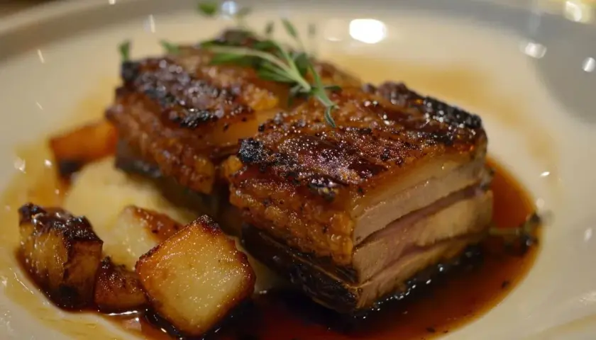 Poitrine de porc croustillante, servie avec des légumes rôtis et une sauce savoureuse. Un délice !