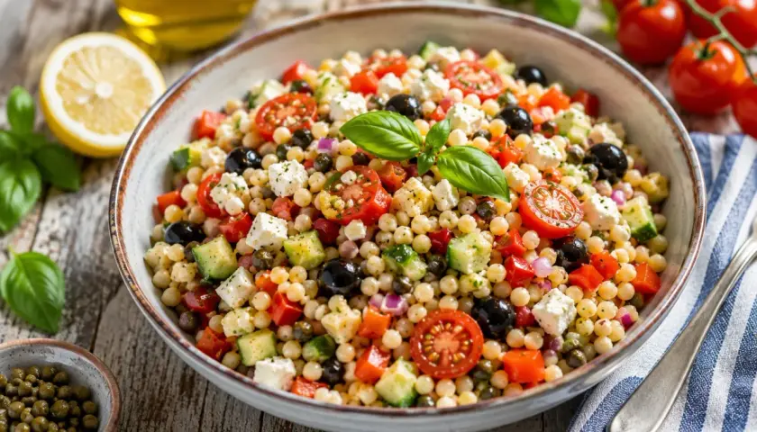 Bunter Salat mit Fregola Sarda, Tomaten, Gurken, Oliven und Feta. Ein köstliches fregola sarda rezept für den Sommer.