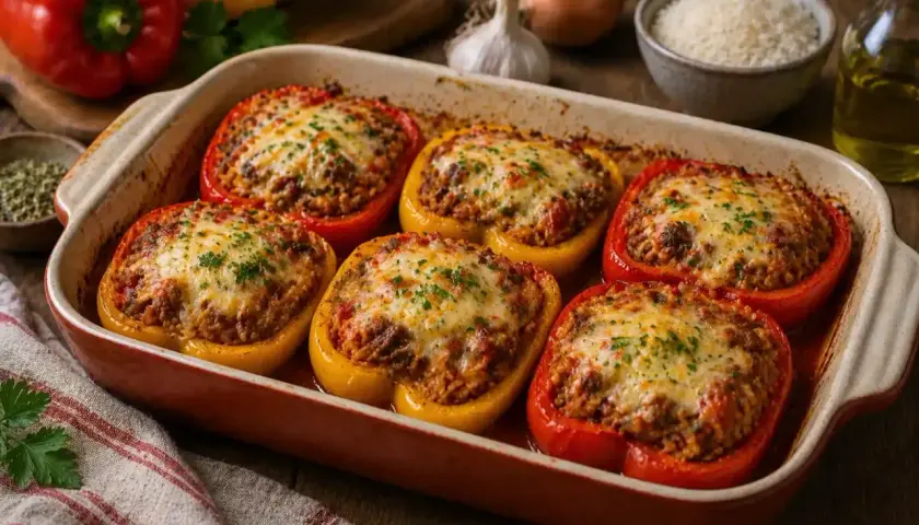 Poivrons farcis au fromage fondant, prêts à être dégustés. Un plat réconfortant et savoureux.