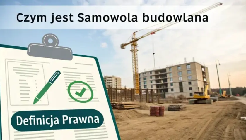 Tablica z tekstem "Czym jest Samowola budowlana" i "Definicja Prawna" na tle placu budowy z dźwigiem i budynkiem wznoszonym bez pozwolenia.