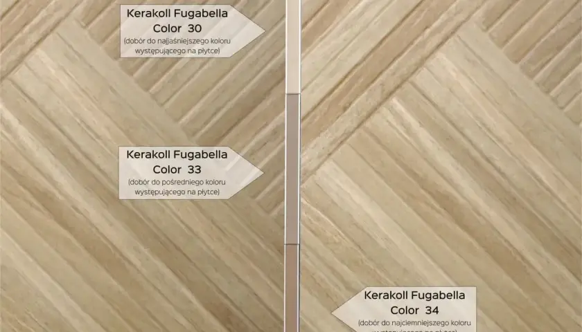 Przykłady fugi do płytek drewnopodobnych: Kerakoll Fugabella w kolorach 30, 33 i 34, dopasowane do odcieni płytek.