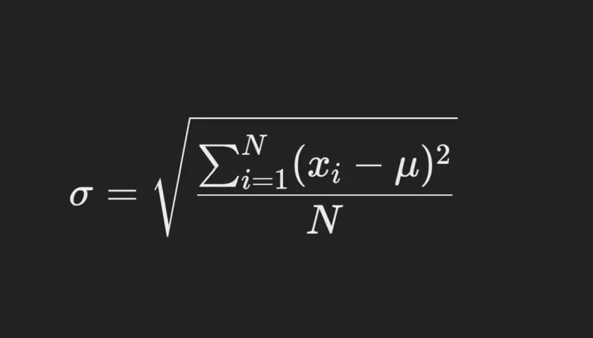 Formula per la deviazione standard (sigma), che misura la varianza di un set di dati rispetto alla media (mu).